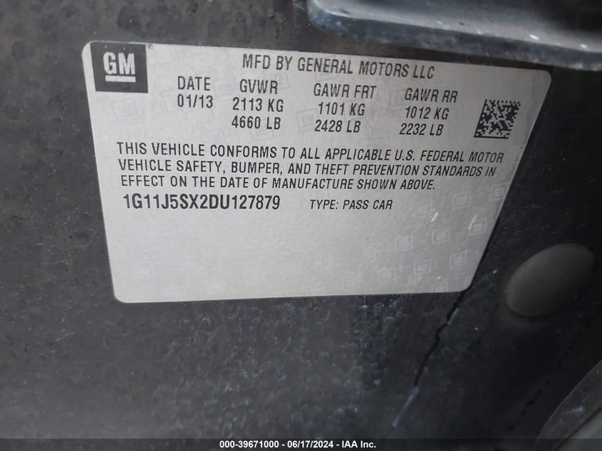 2013 Chevrolet Malibu 2Lz VIN: 1G11J5SX2DU127879 Lot: 39671000