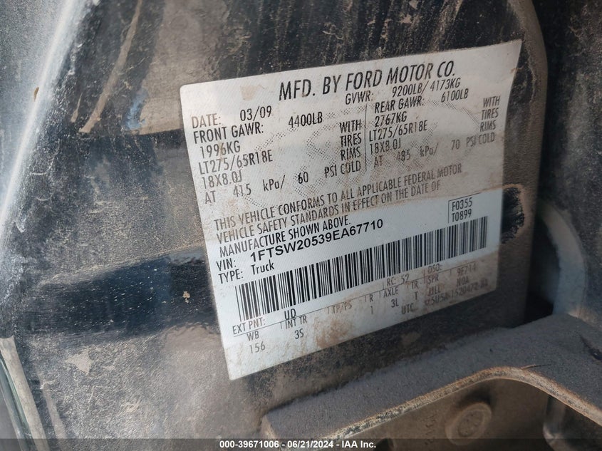 2009 Ford F-250 King Ranch/Lariat/Xl/Xlt VIN: 1FTSW20539EA67710 Lot: 39671006