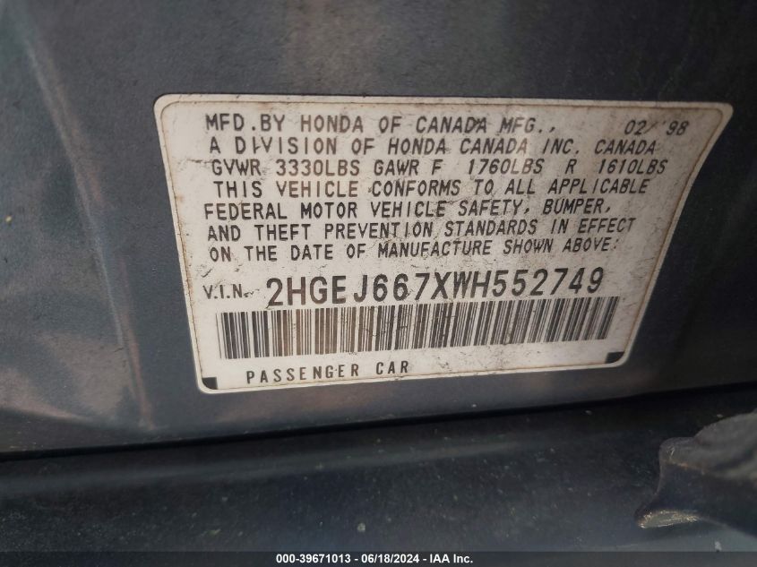 1998 Honda Civic Lx VIN: 2HGEJ667XWH552749 Lot: 39671013