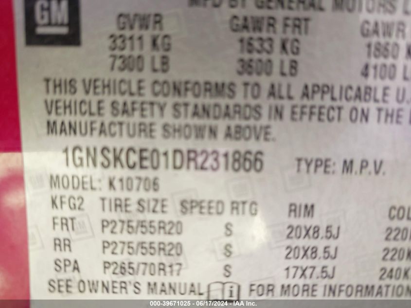 2013 Chevrolet Tahoe Ltz VIN: 1GNSKCE01DR231866 Lot: 39671025