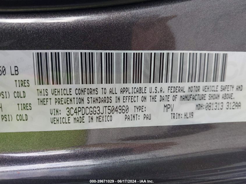 2018 Dodge Journey Crossroad VIN: 3C4PDCGG3JT504960 Lot: 39671029