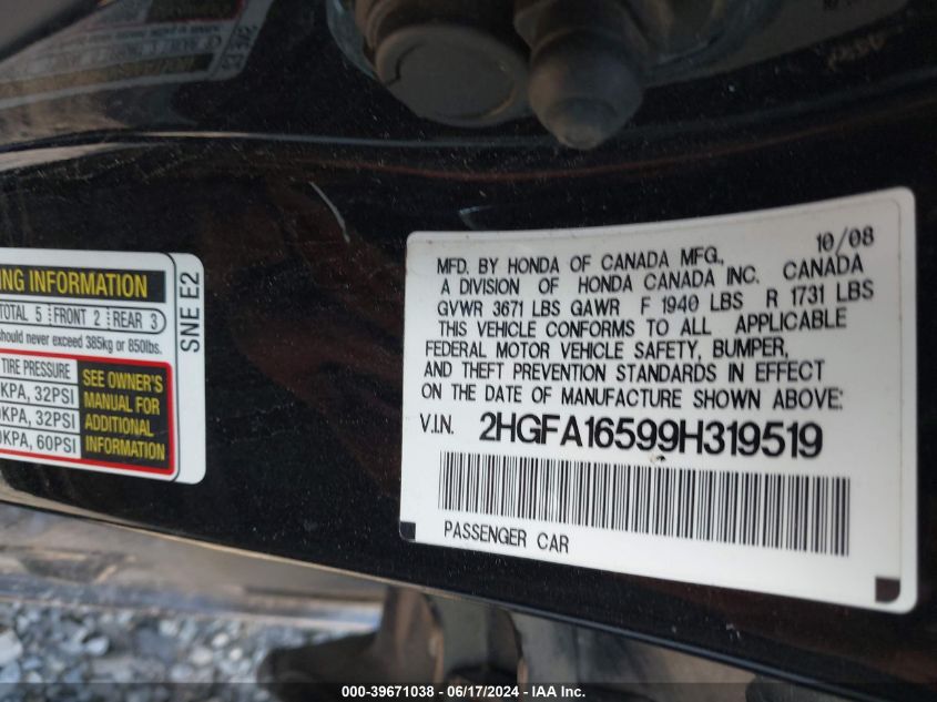 2009 Honda Civic Lx VIN: 2HGFA16599H319519 Lot: 39671038