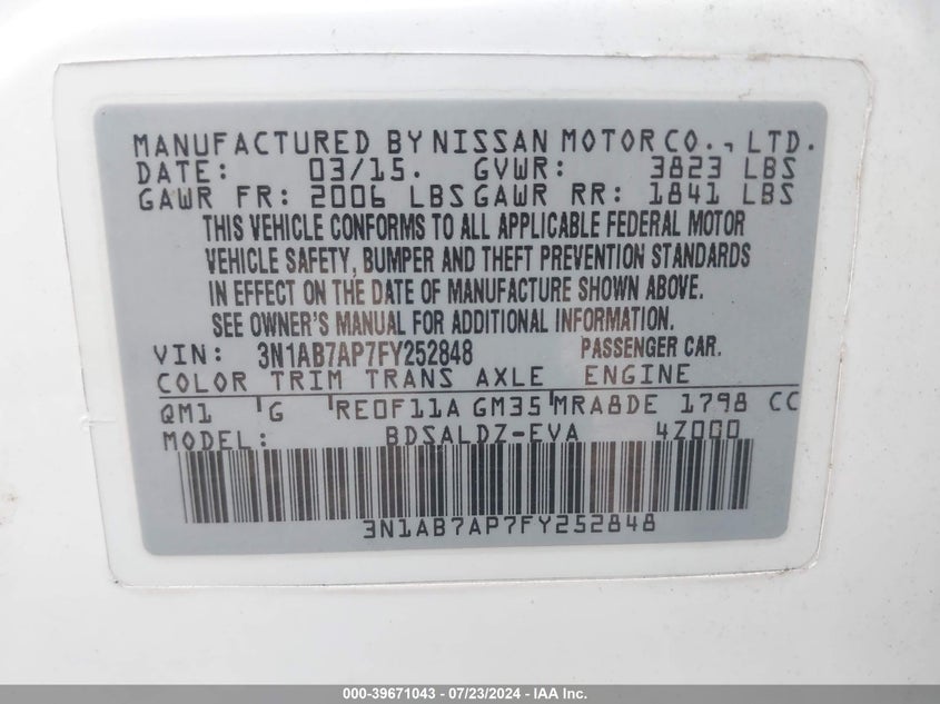 2015 Nissan Sentra Fe+ S/S/Sl/Sr/Sv VIN: 3N1AB7AP7FY252848 Lot: 39671043