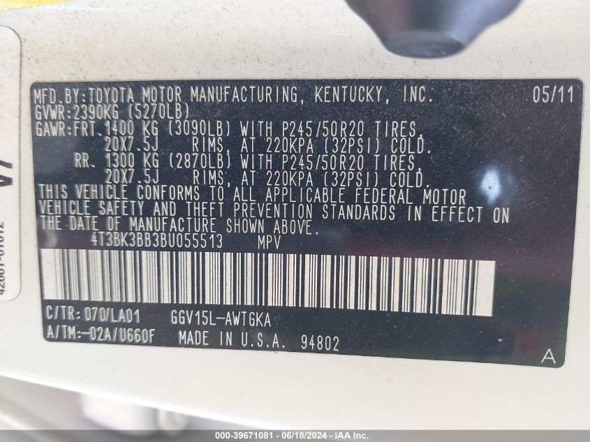 2011 Toyota Venza Base V6 VIN: 4T3BK3BB3BU055513 Lot: 39671081