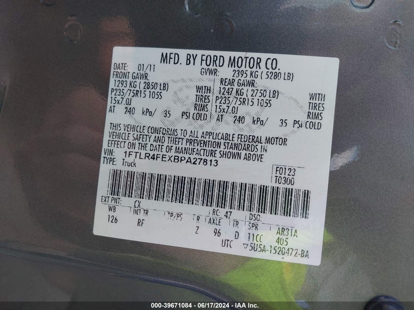 2011 Ford Ranger Xlt VIN: 1FTLR4FEXBPA27813 Lot: 39671084