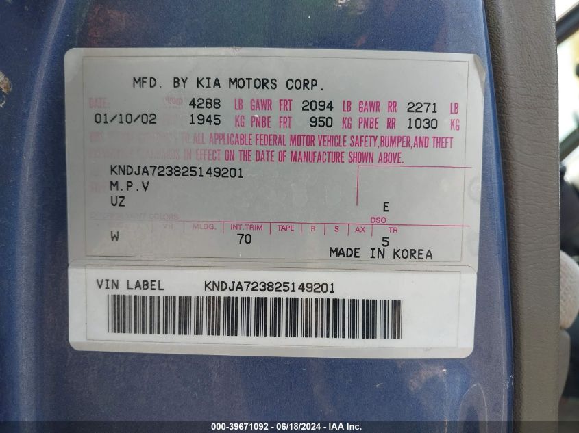 2002 Kia Sportage VIN: KNDJA723825149201 Lot: 39671092