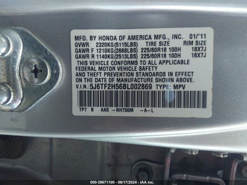 2011 Honda Accord Crosstour Ex-L VIN: 5J6TF2H56BL002869 Lot: 39671100