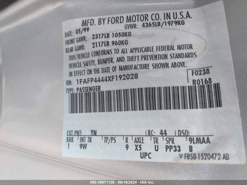 1999 Ford Mustang VIN: 1FAFP4444XF192028 Lot: 39671108