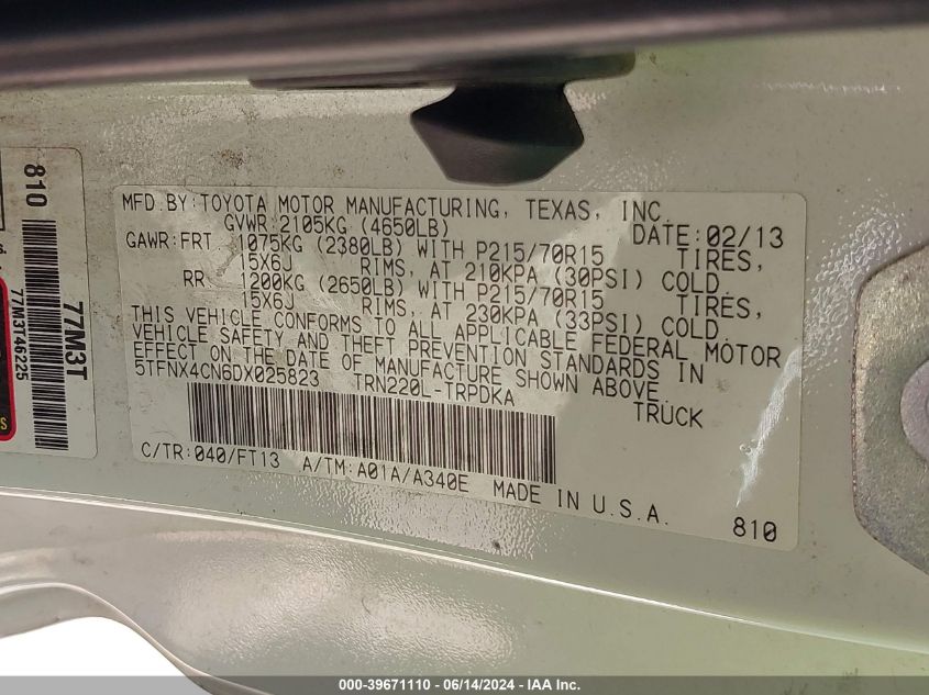 2013 Toyota Tacoma VIN: 5TFNX4CN6DX025823 Lot: 39671110