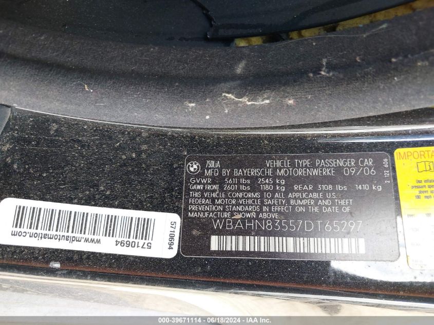 2007 BMW 750Li VIN: WBAHN83557DT65297 Lot: 39671114