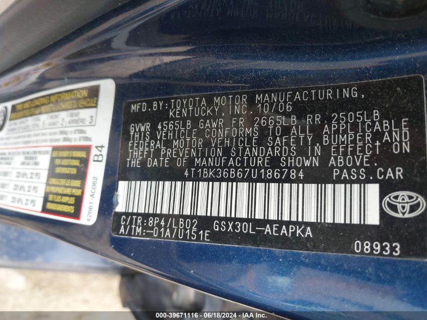 2007 TOYOTA AVALON VIN: 4T1BK36B67U186784