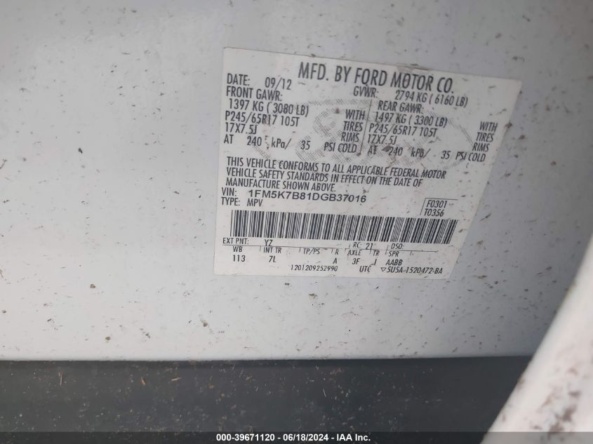 2013 Ford Explorer VIN: 1FM5K7B81DGB37016 Lot: 39671120