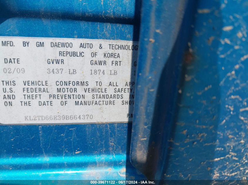 2009 Pontiac G3 VIN: KL2TD66E39B664370 Lot: 39671122