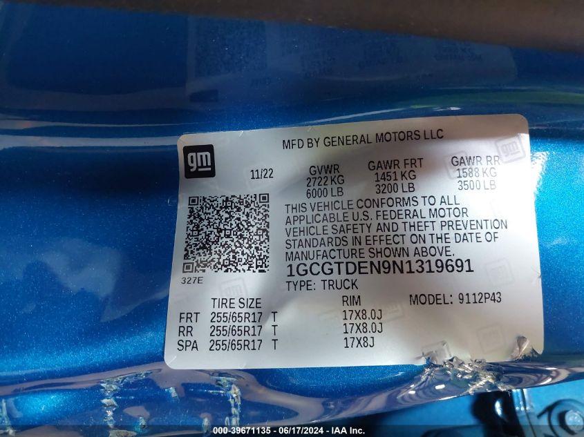 2022 Chevrolet Colorado 4Wd Short Box Z71 VIN: 1GCGTDEN9N1319691 Lot: 39671135
