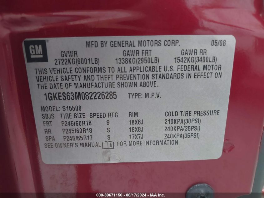 2008 GMC Envoy Denali VIN: 1GKES63M082226285 Lot: 39671150