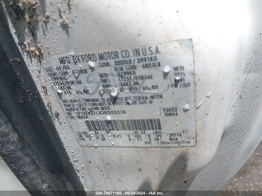 2003 Ford F-250 Lariat/Xl/Xlt VIN: 1FTNX21LX3ED55318 Lot: 39671165