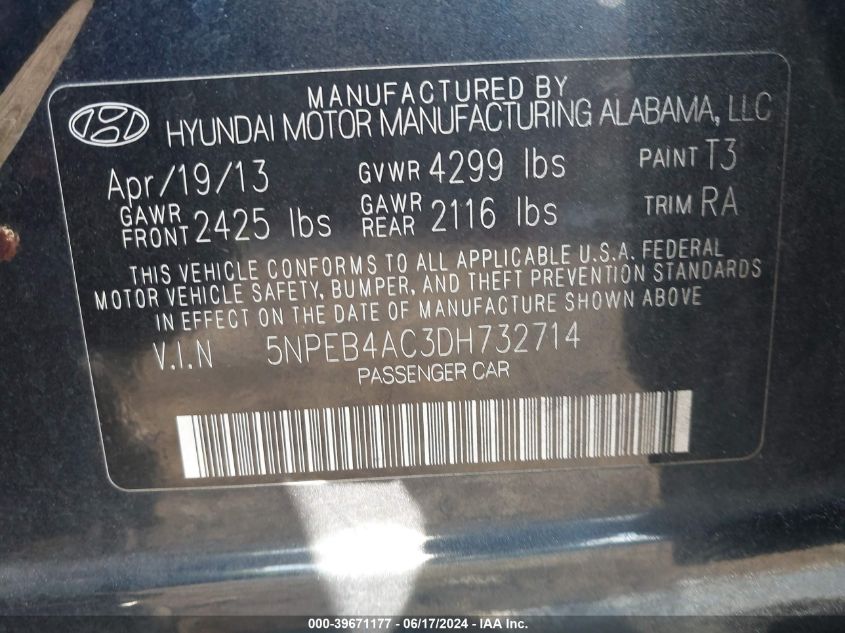 2013 Hyundai Sonata Gls VIN: 5NPEB4AC3DH732714 Lot: 39671177
