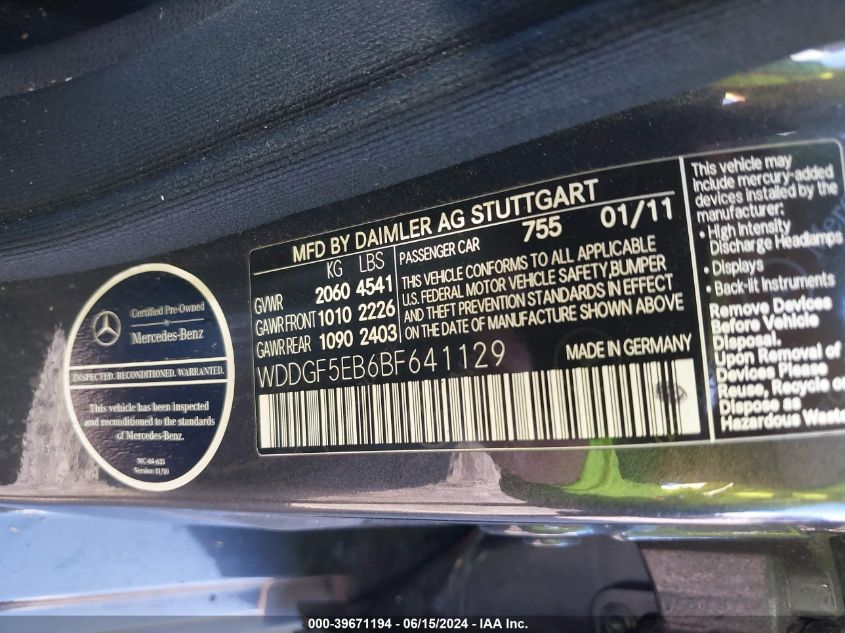 2011 Mercedes-Benz C 300 Luxury/Sport VIN: WDDGF5EB6BF641129 Lot: 39671194