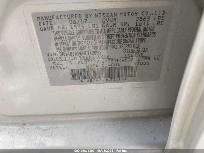 2017 Nissan Sentra Sv VIN: 3N1AB7AP6HL712050 Lot: 39671200