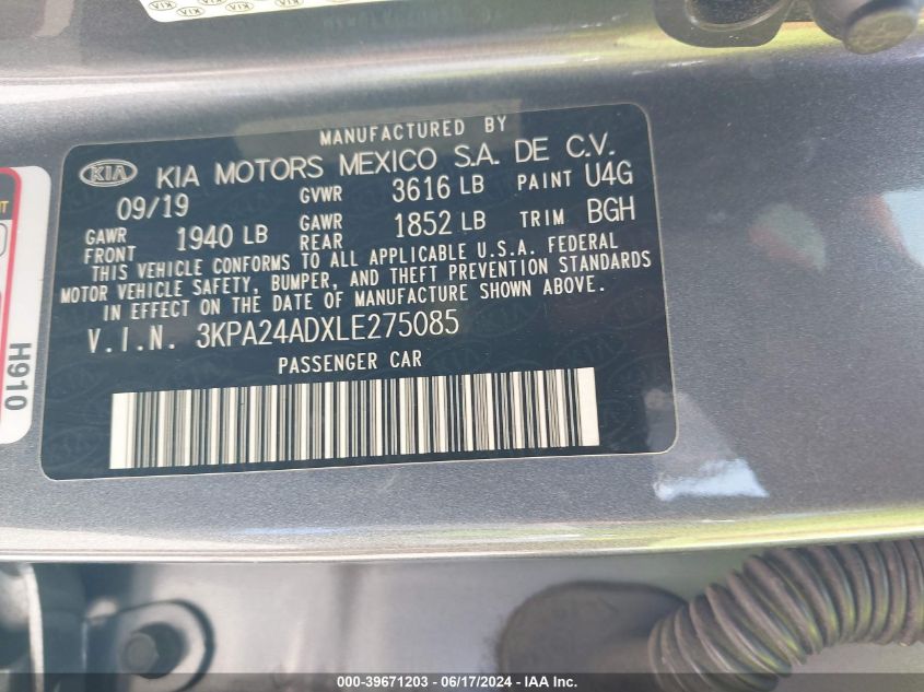 2020 Kia Rio S VIN: 3KPA24ADXLE275085 Lot: 39671203