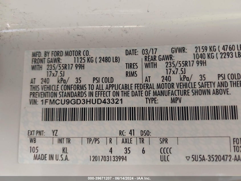 2017 Ford Escape Se VIN: 1FMCU9GD3HUD43321 Lot: 39671207