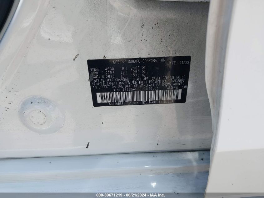 2023 Subaru Legacy Premium VIN: 4S3BWAF63P3010555 Lot: 39671219
