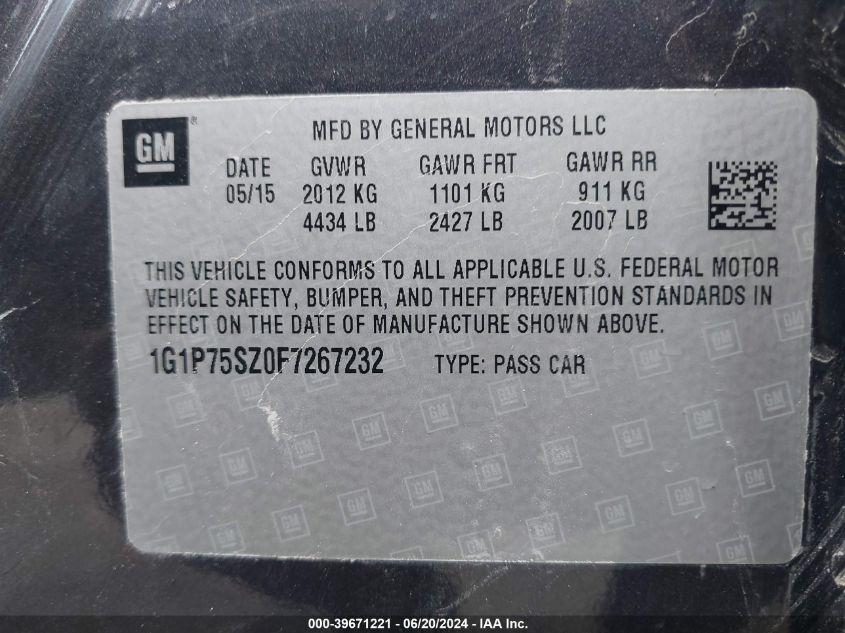 2015 Chevrolet Cruze Diesel VIN: 1G1P75SZ0F7267232 Lot: 39671221