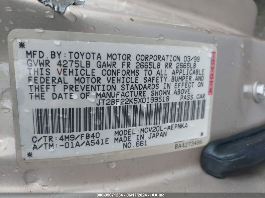 1999 Toyota Camry Le V6 VIN: JT2BF22K5X0199518 Lot: 39671234
