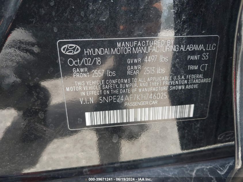 2019 Hyundai Sonata Se VIN: 5NPE24AF7KH746025 Lot: 39671241