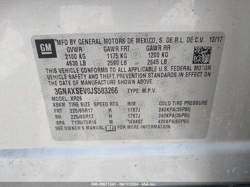 3GNAXSEV0JS583266 2018 Chevrolet Equinox Lt