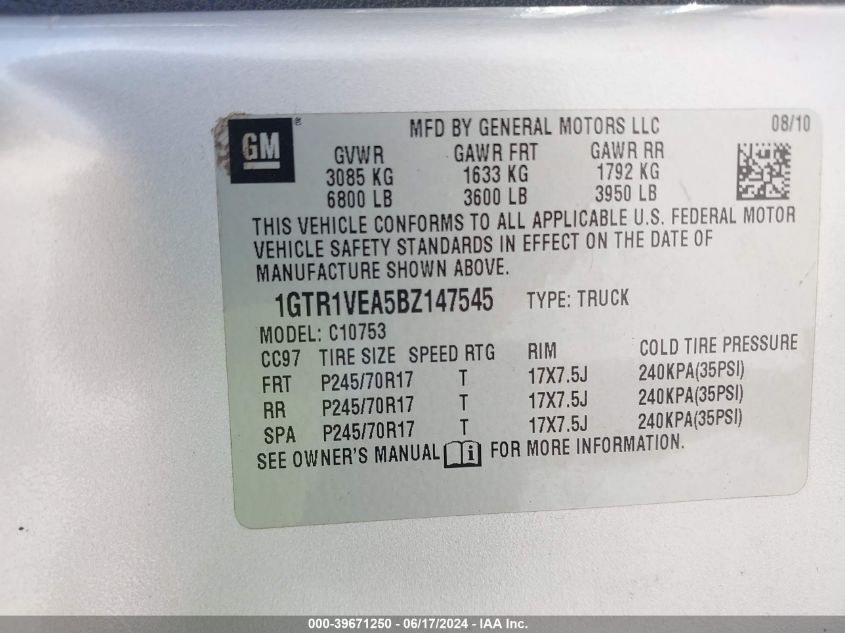 2011 GMC Sierra 1500 Sle VIN: 1GTR1VEA5BZ147545 Lot: 39671250