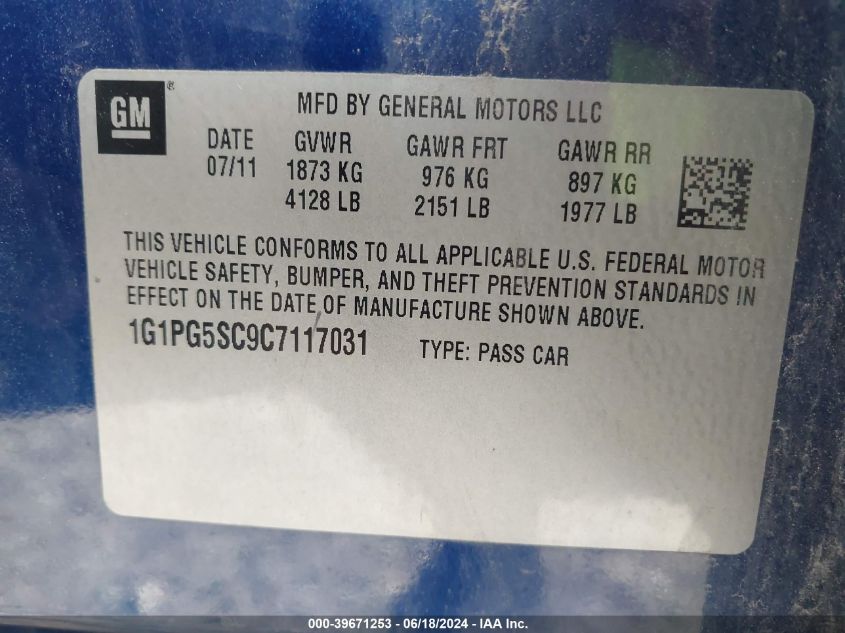 2012 Chevrolet Cruze 2Lt VIN: 1G1PG5SC9C7117031 Lot: 39671253