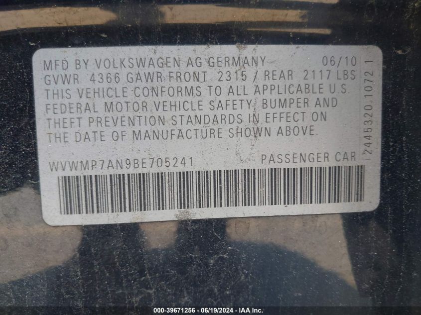 2011 Volkswagen Cc Sport VIN: WVWMP7AN9BE705241 Lot: 39671256