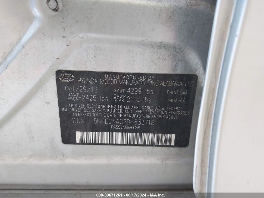 2013 Hyundai Sonata Limited VIN: 5NPEC4AC2DH633718 Lot: 39671261