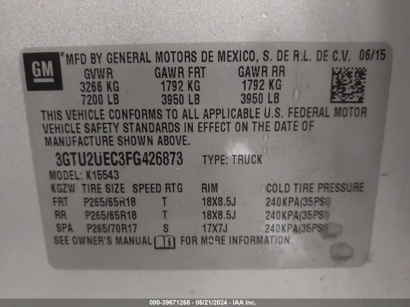 2015 GMC Sierra 1500 Sle VIN: 3GTU2UEC3FG426873 Lot: 39671268