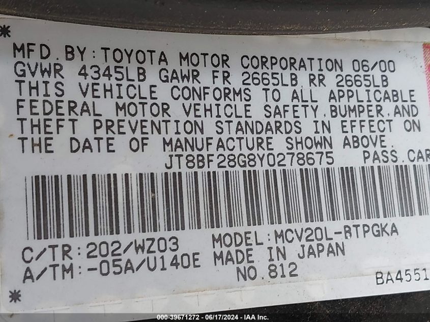 2000 Lexus Es 300 VIN: JT8BF28G8Y0278675 Lot: 39671272