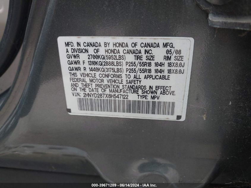 2008 Acura Mdx Sport Package VIN: 2HNYD287X8H547122 Lot: 39671289