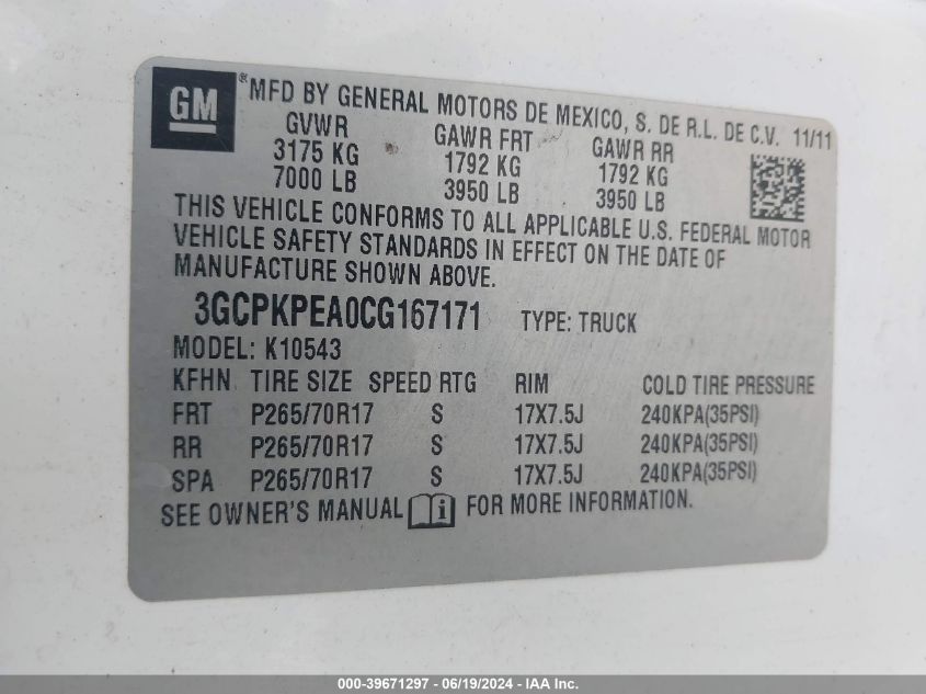 2012 Chevrolet Silverado 1500 K1500 VIN: 3GCPKPEA0CG167171 Lot: 39671297