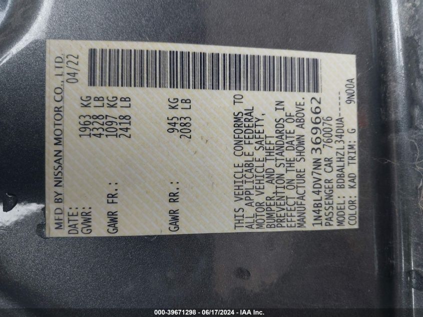 2022 Nissan Altima Sv Fwd VIN: 1N4BL4DV7NN369662 Lot: 39671298