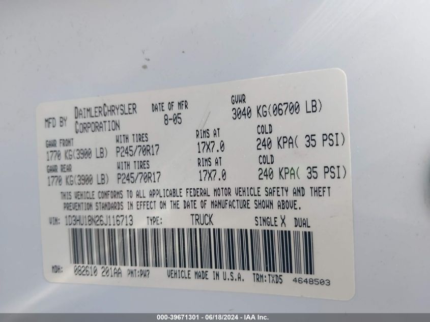 2006 Dodge Ram 1500 St VIN: 1D3HU18N26J116713 Lot: 39671301