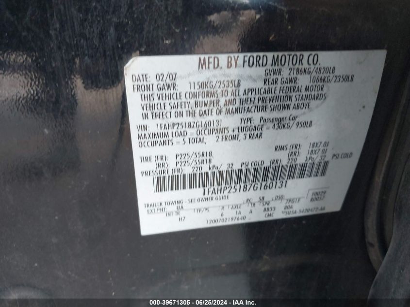 2007 Ford Five Hundred Limited VIN: 1FAHP25187G160131 Lot: 39671305