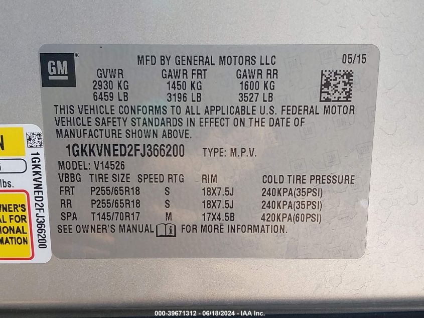 2015 GMC Acadia Sle-1 VIN: 1GKKVNED2FJ366200 Lot: 39671312