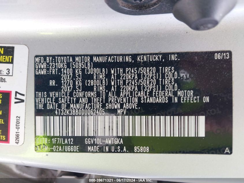 2013 Toyota Venza Le/Xle/Limited VIN: 4T3ZK3BB0DU062405 Lot: 39671321