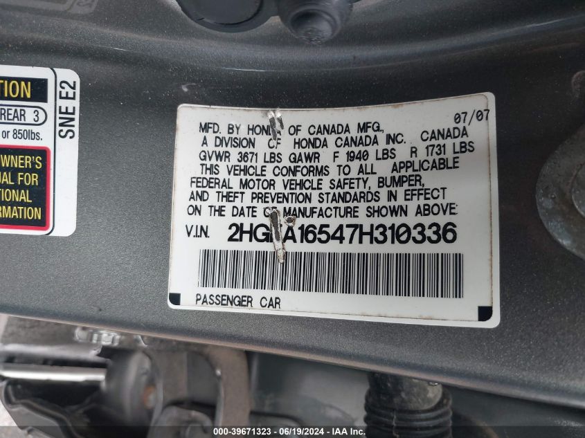 2007 Honda Civic Lx VIN: 2HGFA16547H310336 Lot: 39671323