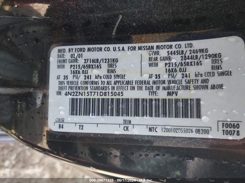 2001 Nissan Quest Gxe VIN: 4N2ZN15T71D815045 Lot: 39671328