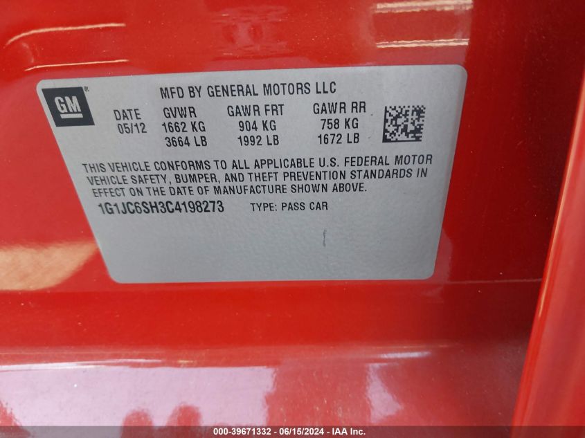2012 Chevrolet Sonic 2Lt VIN: 1G1JC6SH3C4198273 Lot: 39671332