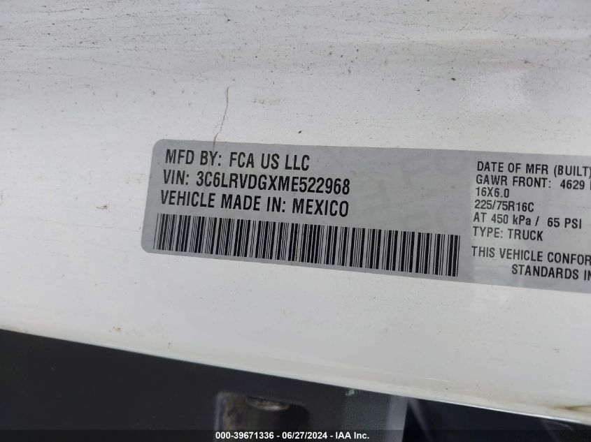 2021 Ram Promaster 2500 High Roof 159 Wb VIN: 3C6LRVDGXME522968 Lot: 39671336