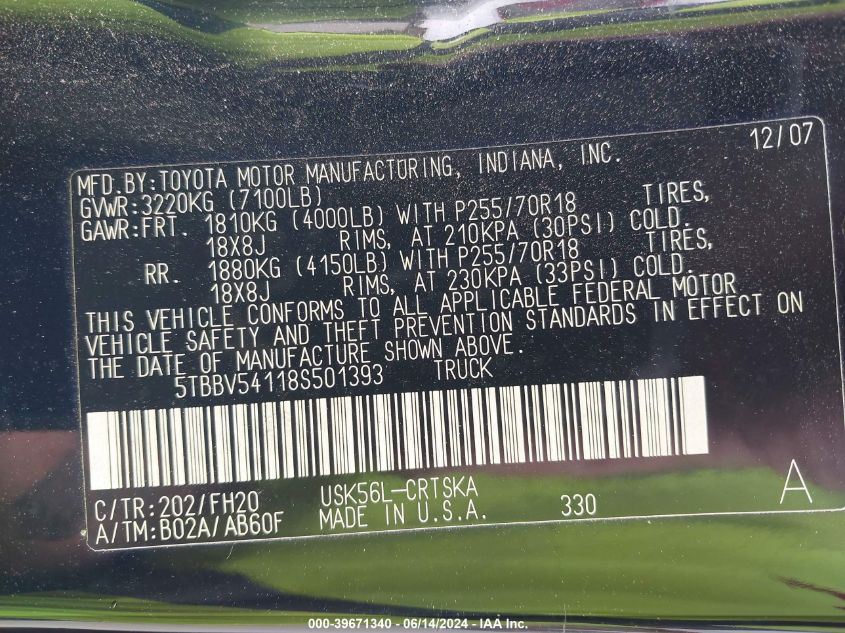 2008 Toyota Tundra Base 5.7L V8 VIN: 5TBBV54118S501393 Lot: 39671340