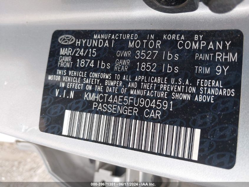 2015 Hyundai Accent Gls VIN: KMHCT4AE5FU904591 Lot: 39671351