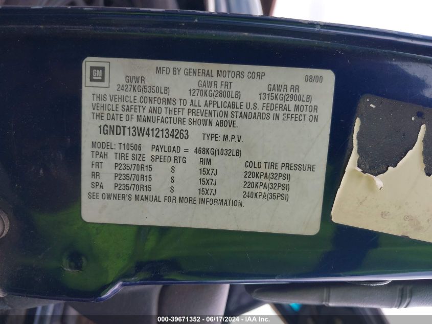 2001 Chevrolet Blazer Lt VIN: 1GNDT13W412134263 Lot: 39671352